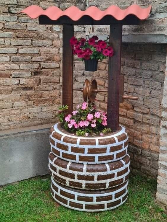 Charming Wishing Well Tire Planter