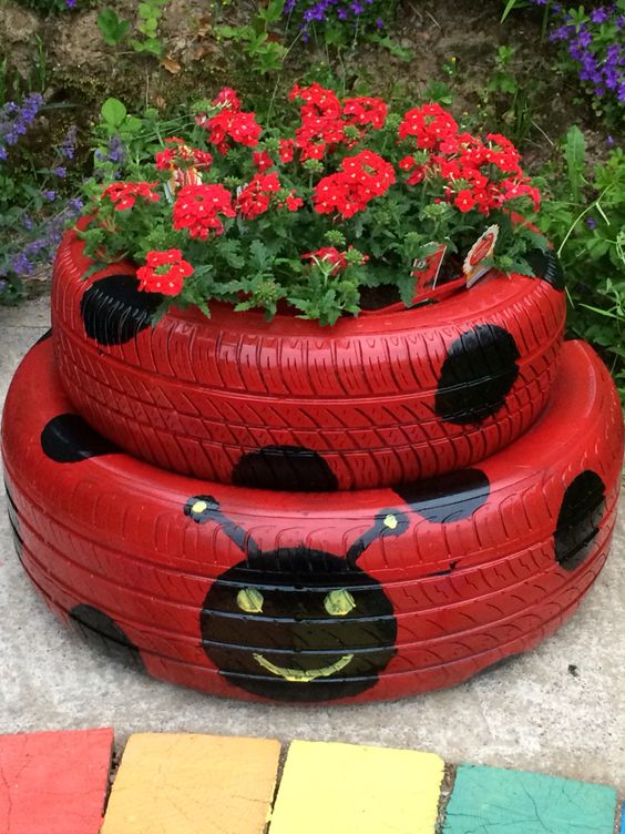 Cheerful Ladybug Tire Planter