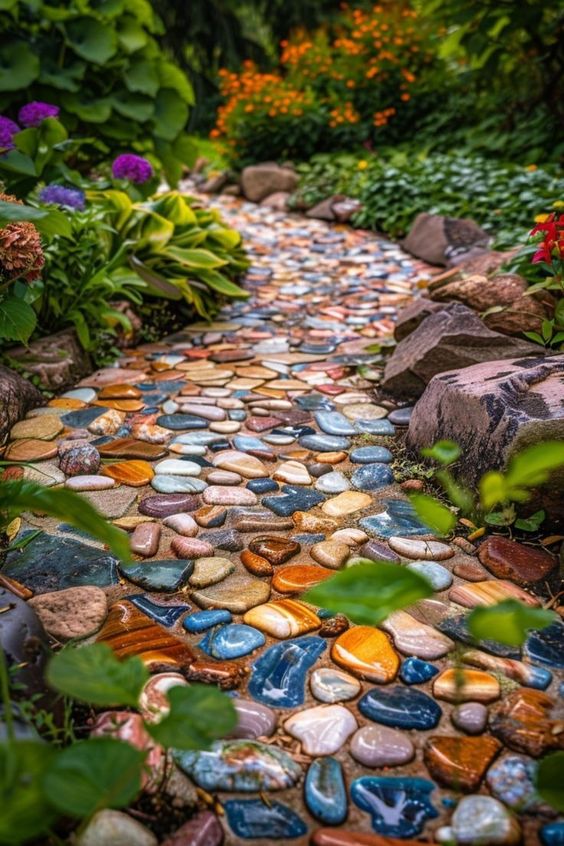 Colorful Gemstone Pebble Pathway