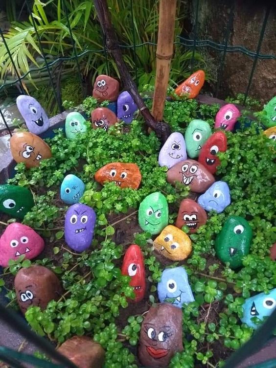 Colorful Monster Pebble Garden Friends