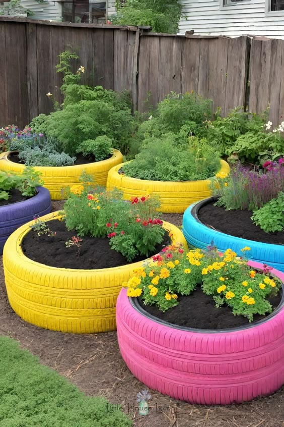 Colorful Tire Raised Garden Bed Idea