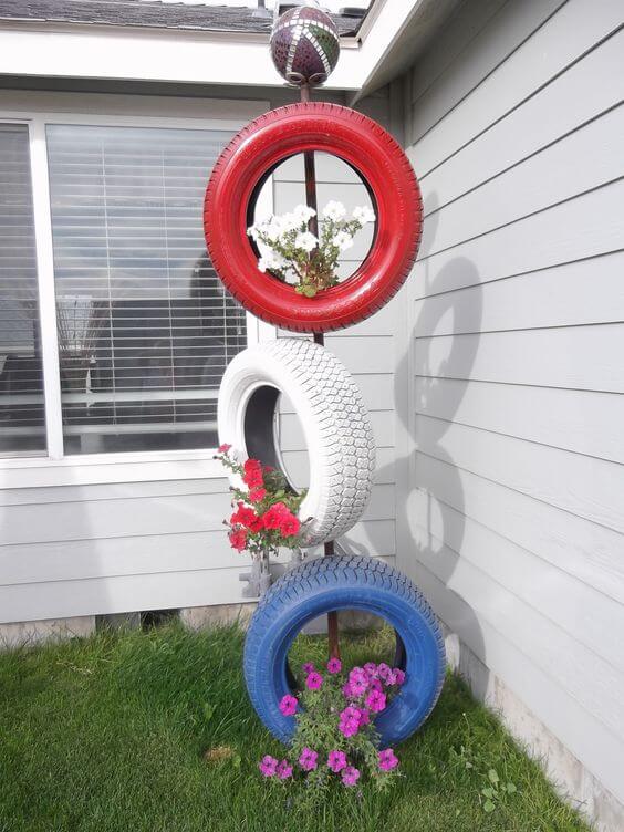 Patriotic Tire Planter Tower