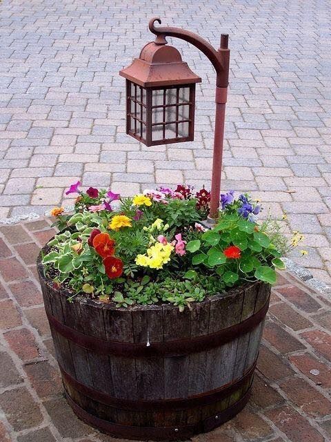 Rustic Barrel Lantern Planter