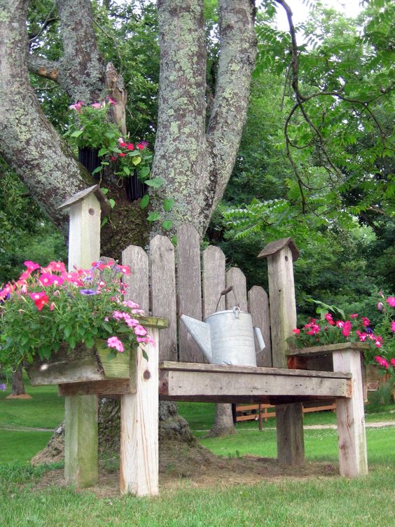 Rustic Garden Bench with Floral Accents