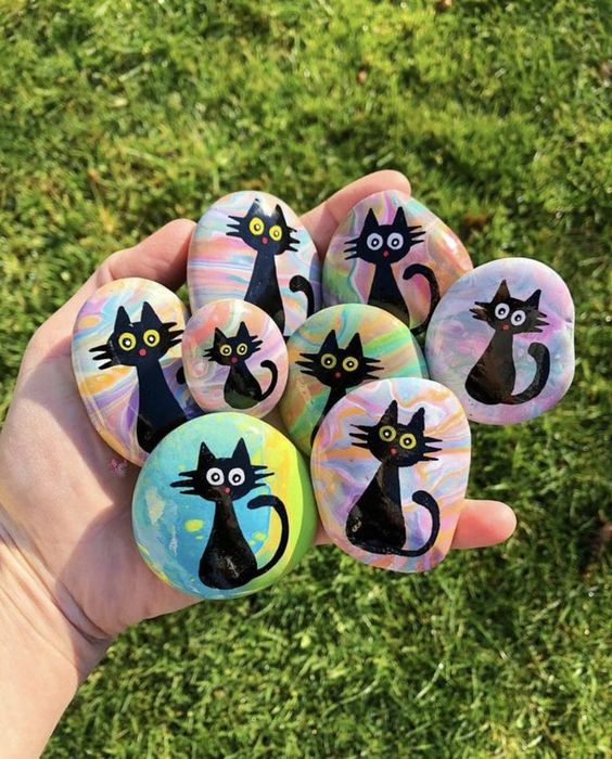 Whimsical Black Cat Pebbles