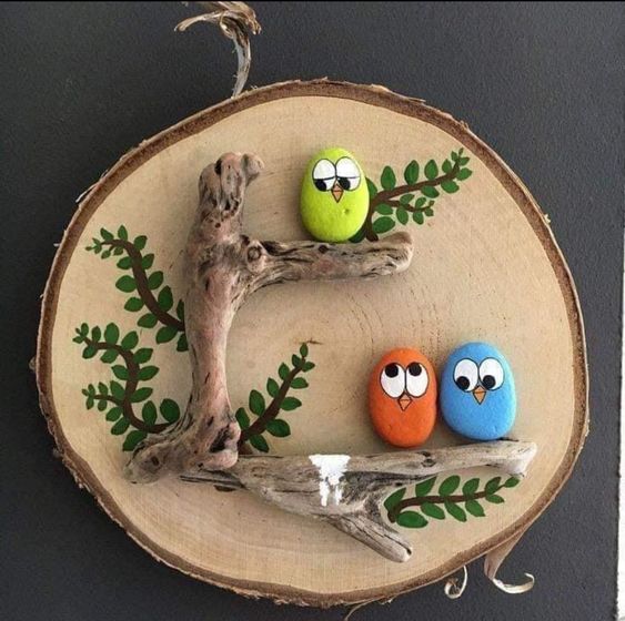 Whimsical Pebble Birds on Driftwood Art