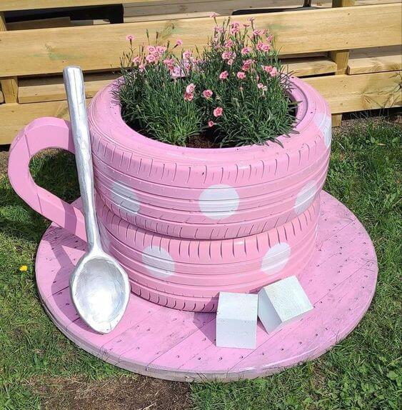 Whimsical Tea Cup Tire Planter