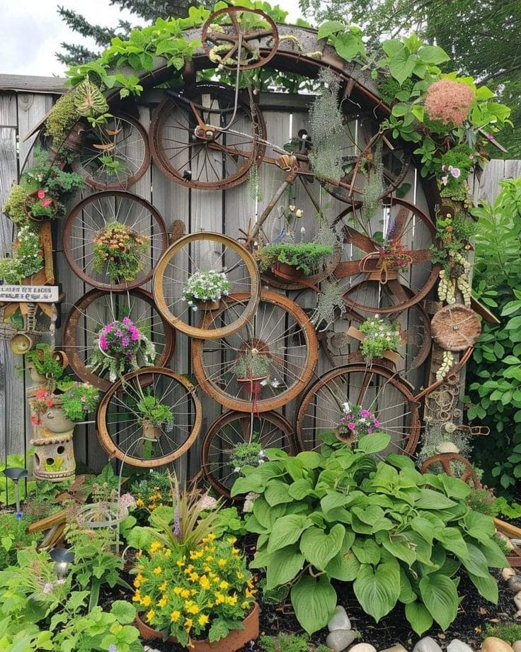 Rustic Bicycle Wheel Garden Wall