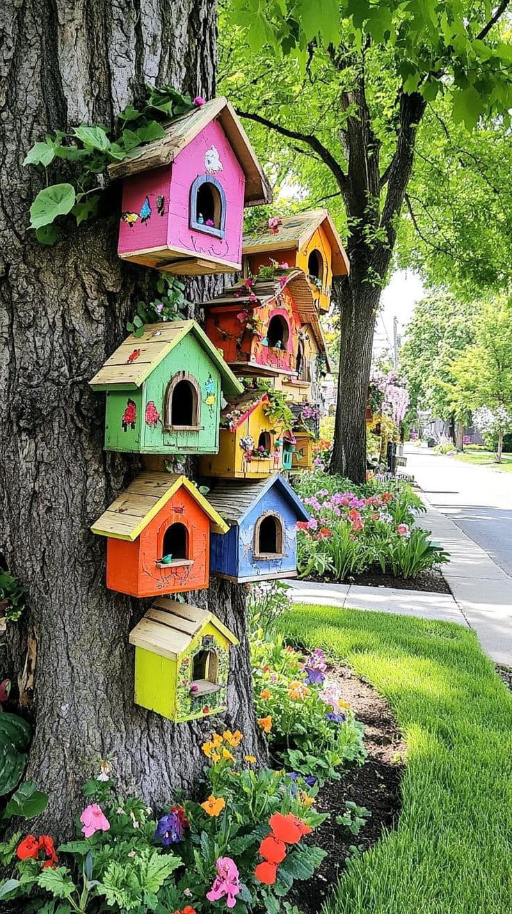 Charming Vibrant Birdhouse Tree Decor