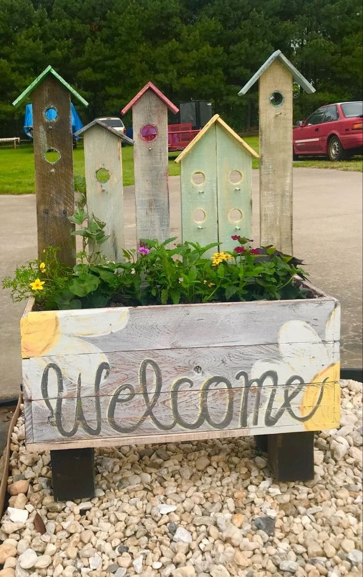 Colorful Birdhouse Welcome Planter Sign