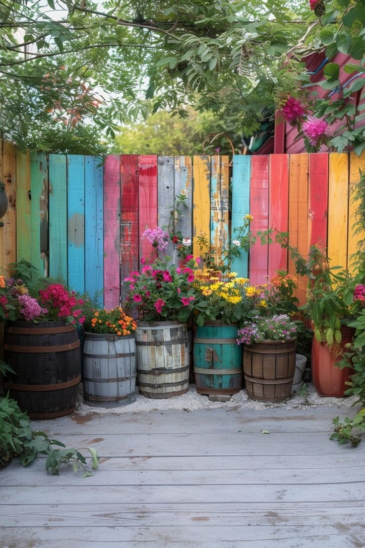 Colorful Fence and Vibrant Barrel Planters