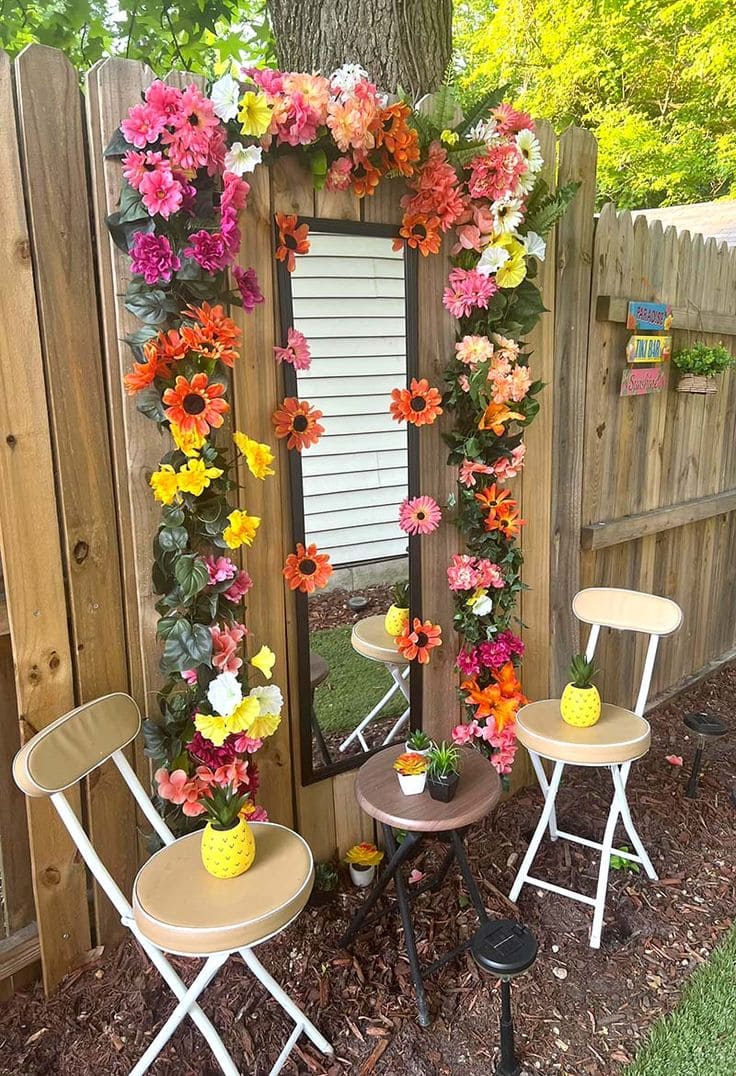 Floral Mirror Fence Art for a Bright Backyard