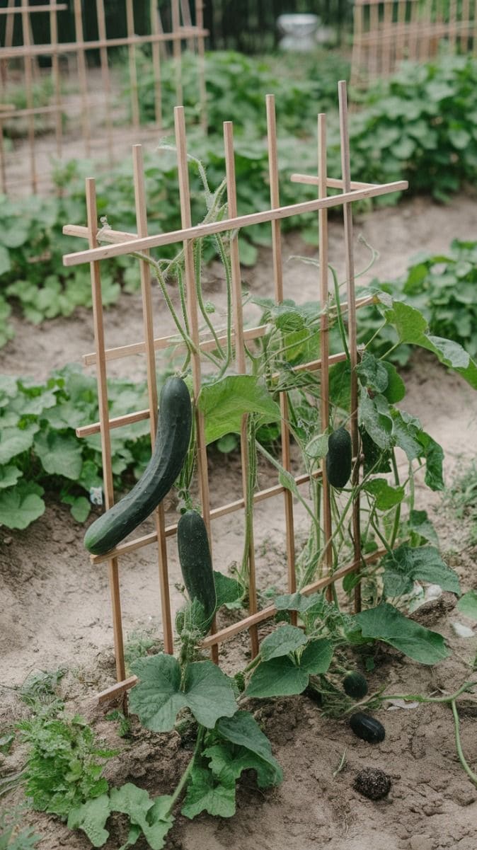 Grid of Wooden Stakes Cucumber Trellis