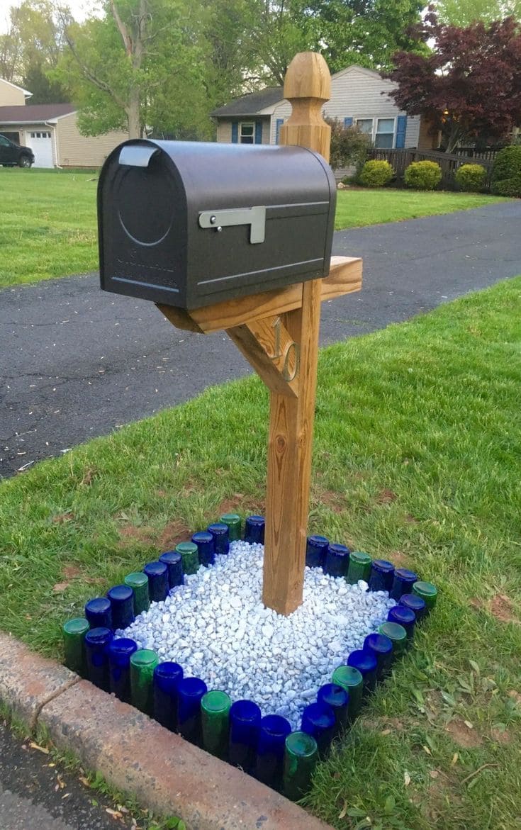 Mailbox Decor With Colored Glass Bottles