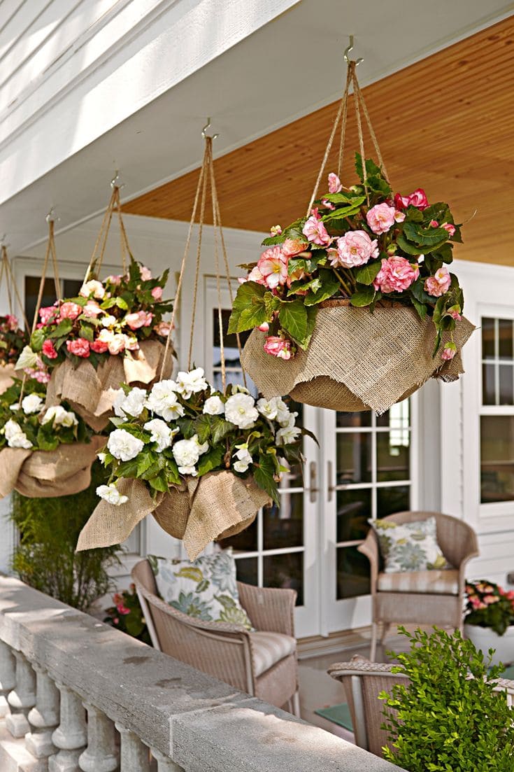 Rustic Burlap Hanging Basket Display