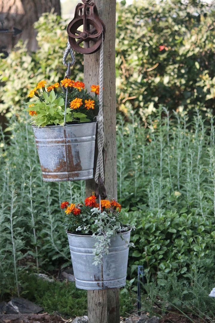 Rustic Hanging Garden Buckets Display