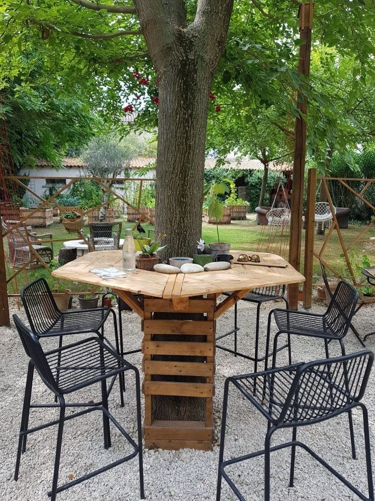 Rustic Tree-Centered Outdoor Dining Table