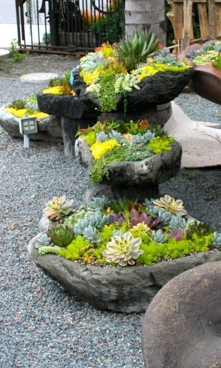 Tiered Stone Planters with Succulent Charm