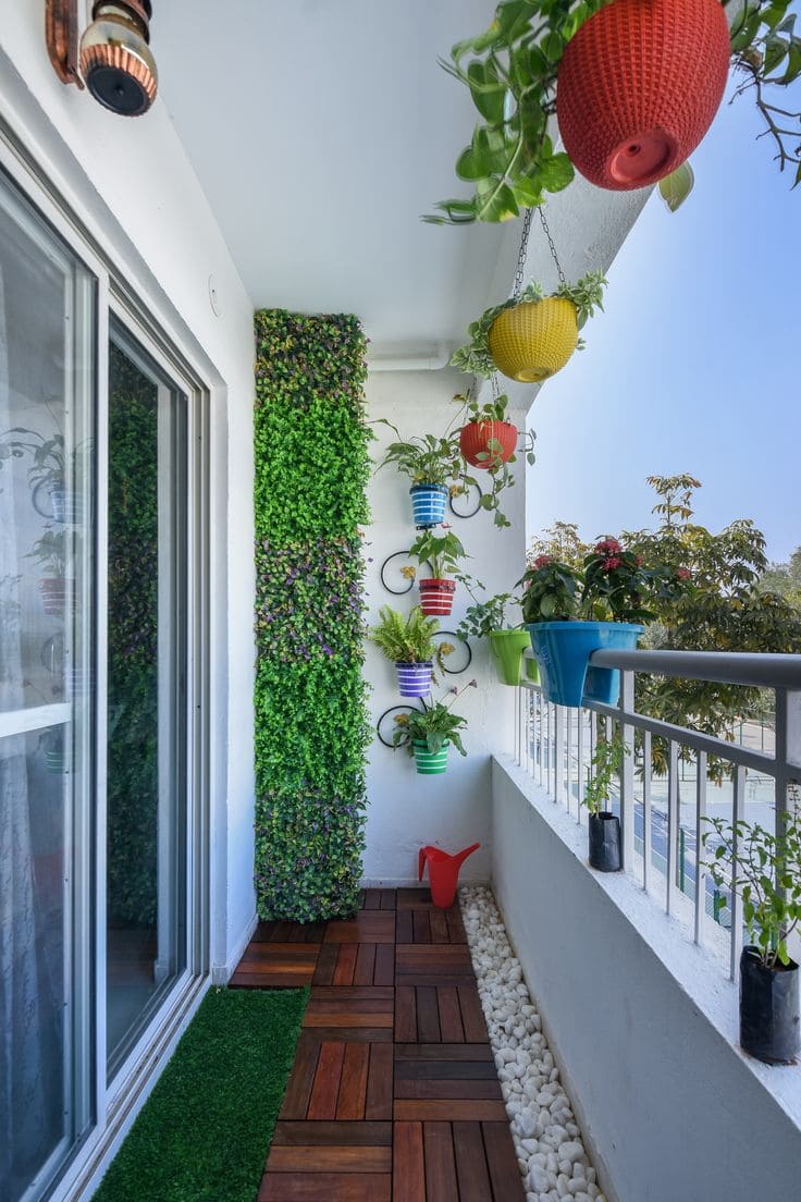 Vibrant Balcony Garden with Hanging Pots