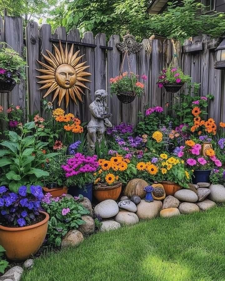 Vibrant Fence Garden with Sun Sculptures