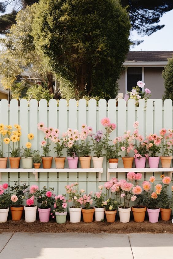 Vibrant Potted Garden on Fence Display