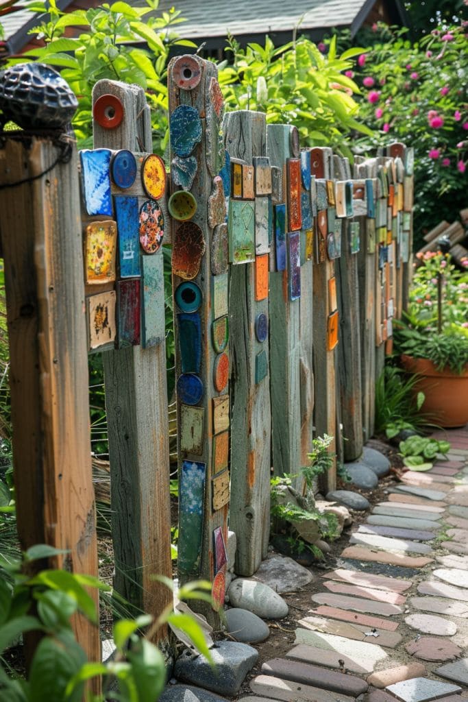 Vibrant Tile-Decorated Fence for a Colorful Backyard