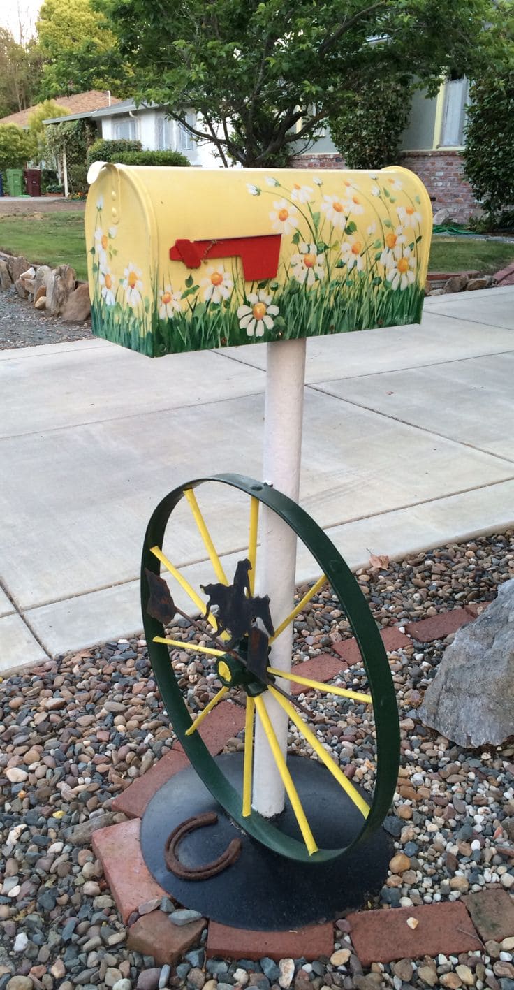 Whimsical Painted Mailbox with Decorative Wheel