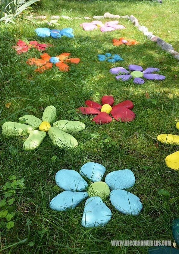 Whimsical Painted Stone Flower Garden