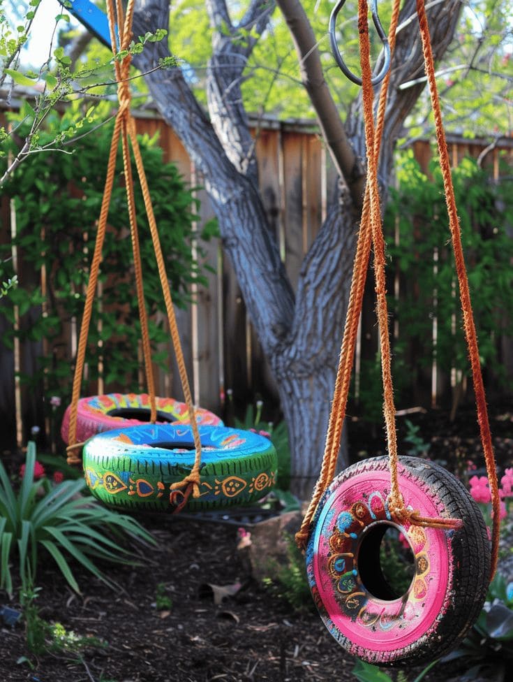 Whimsical Painted Tire Tree Swings