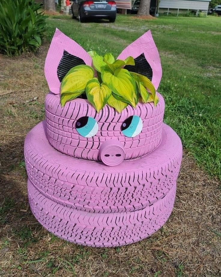 Adorable Pink Pig Planter from Tires