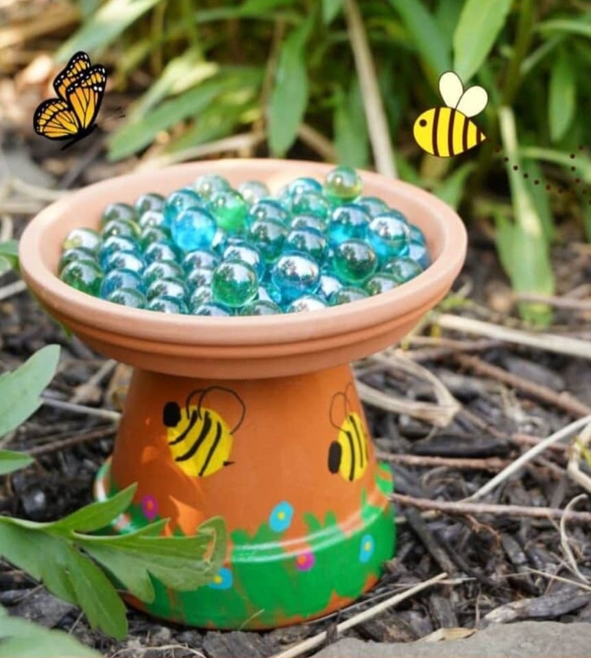 Bee-Themed Clay Pot Bird Bath