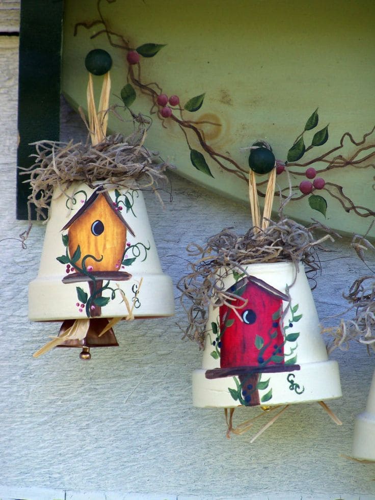 Charming Hand-Painted Clay Pot Birdhouses