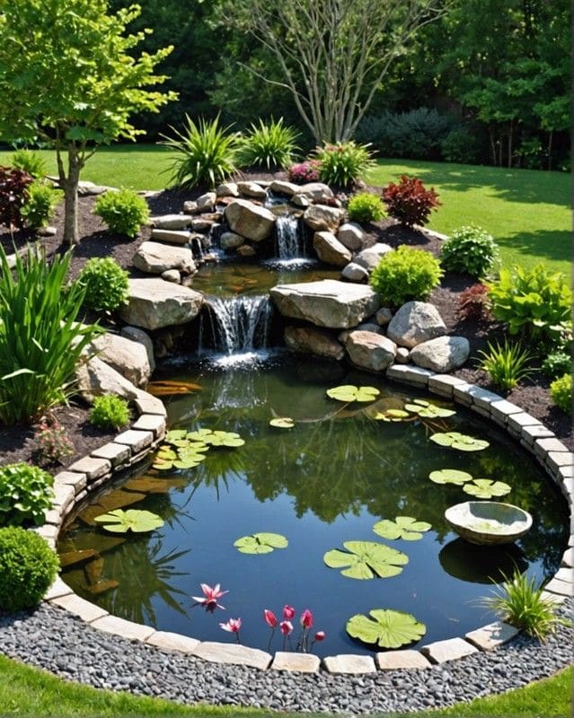 Elegant Tiered Waterfall with Lily Pond