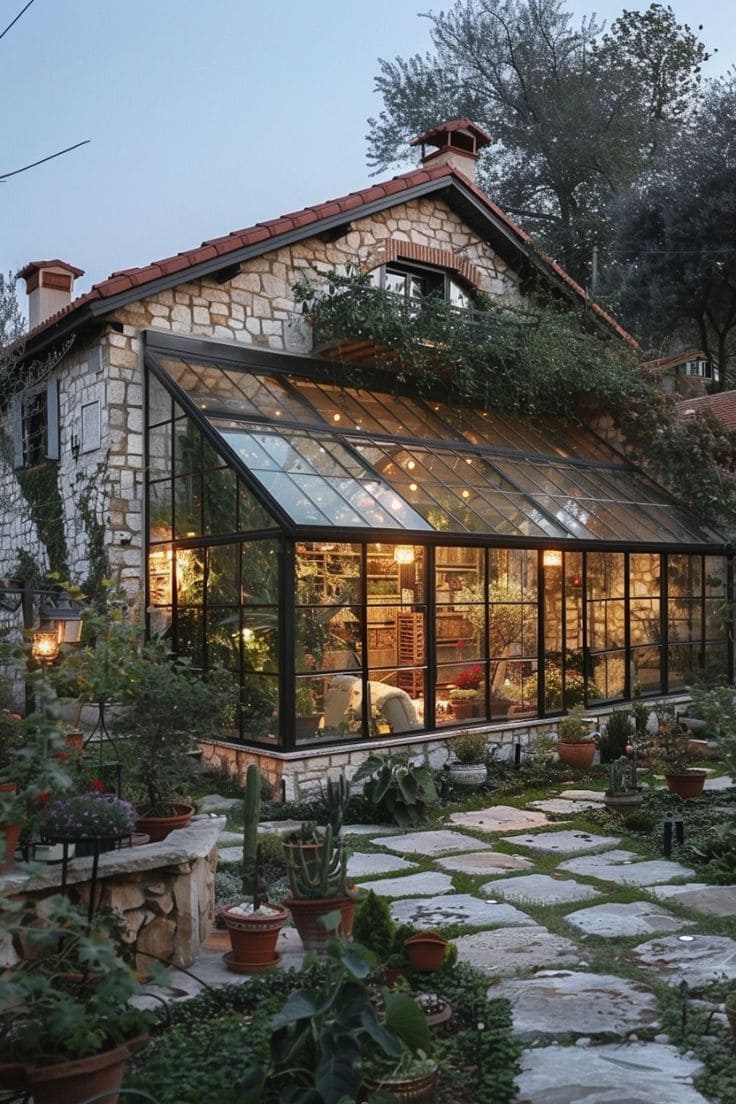 Enchanting Greenhouse with Rustic Stone Charm