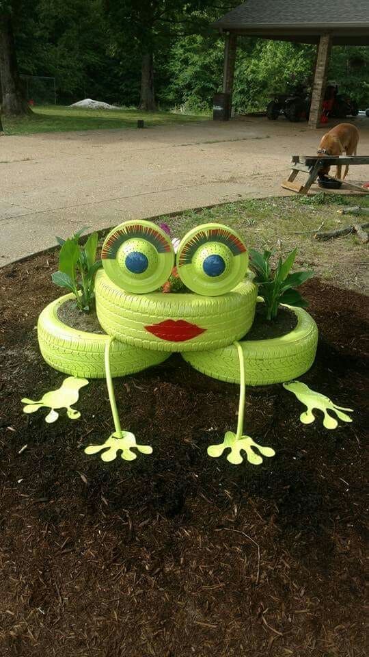 Playful Upcycled Frog Planter from Tires