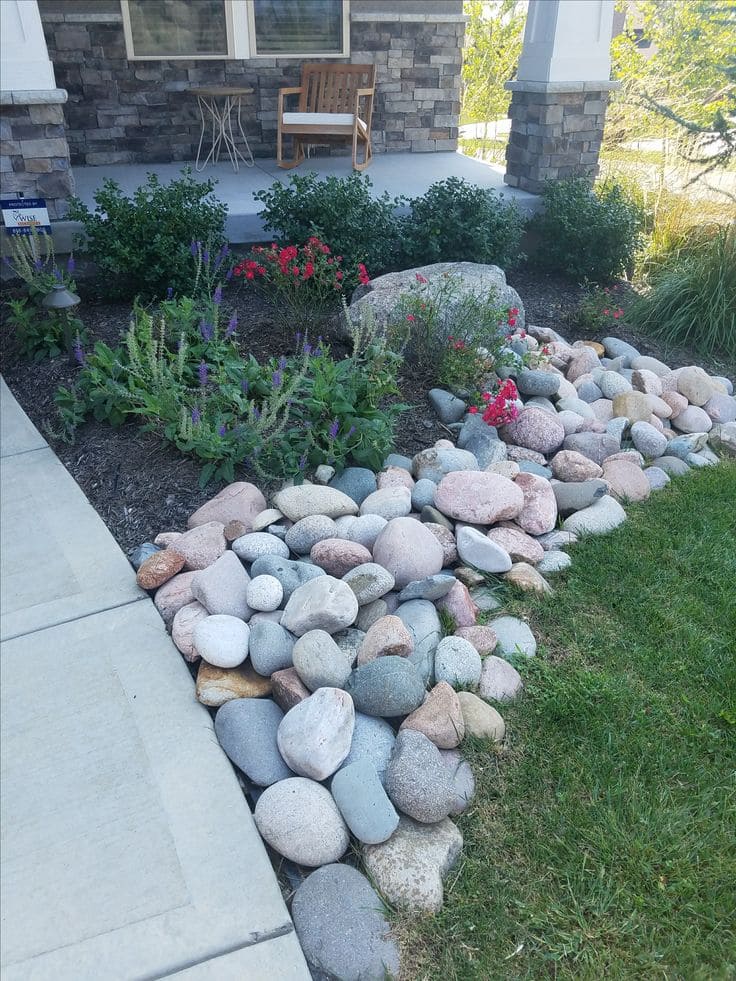 River Rock Border with Flourishing Plants