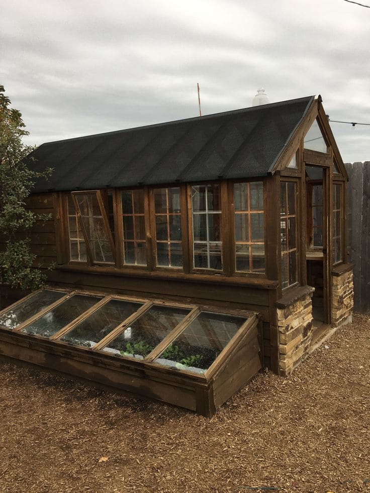 Rustic Wooden Greenhouse with Cold Frame Addition