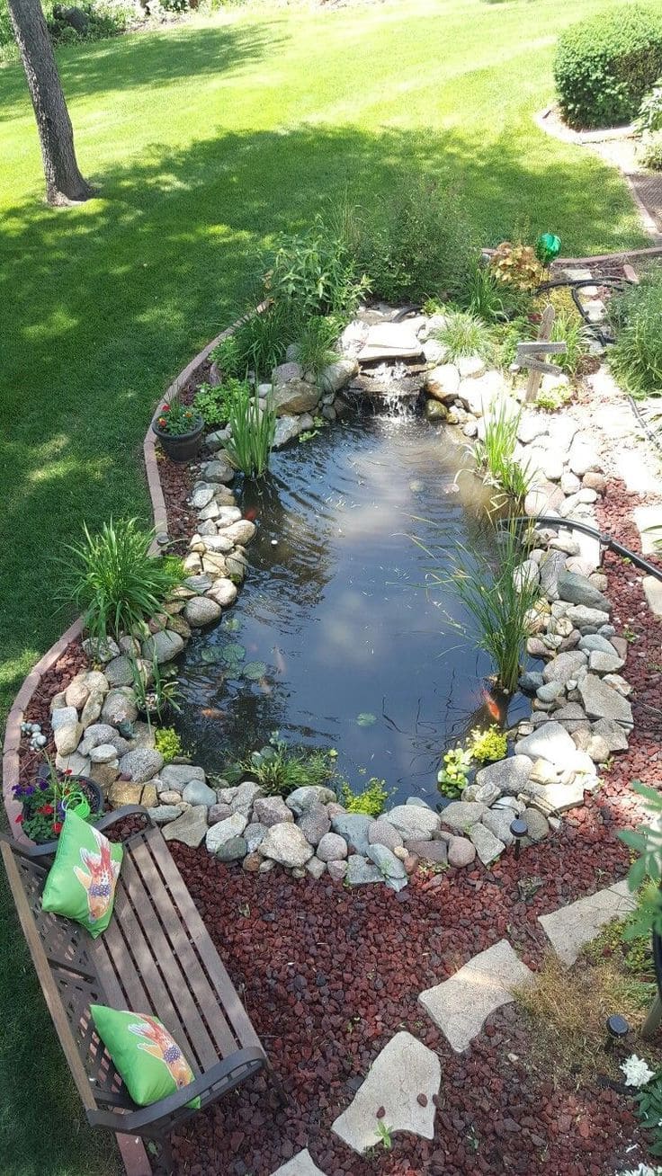 Serene River Rock Pond and Cozy Bench Garden