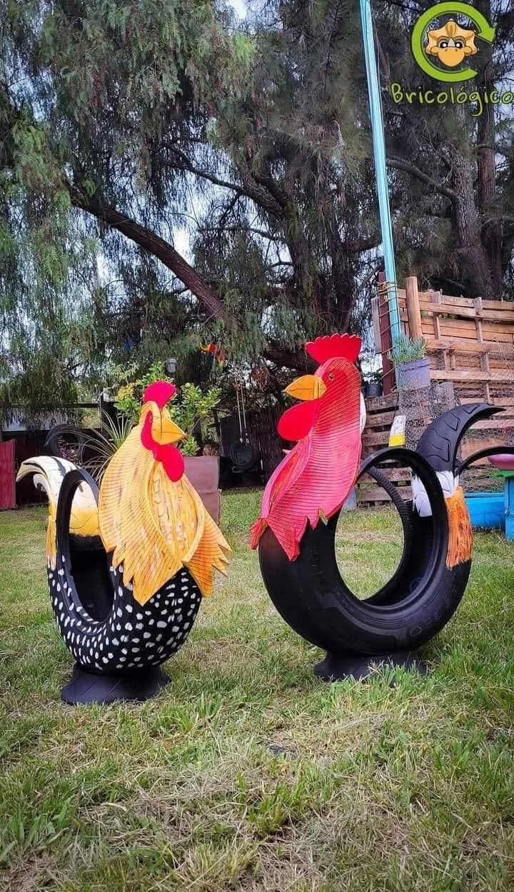 Vibrant Rooster Tire Garden Sculptures