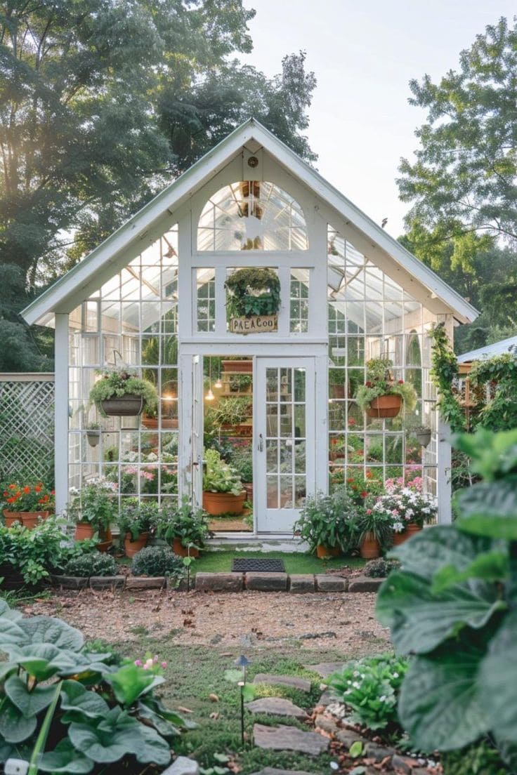 Whimsical White Greenhouse with Garden Charm