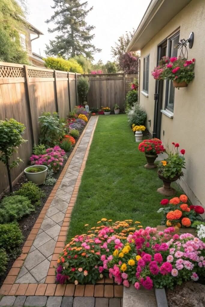 Charming Floral Pathway with Brick Edging Design