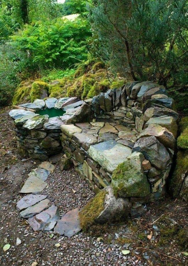 Enchanting Mossy Stone Bench with Pond