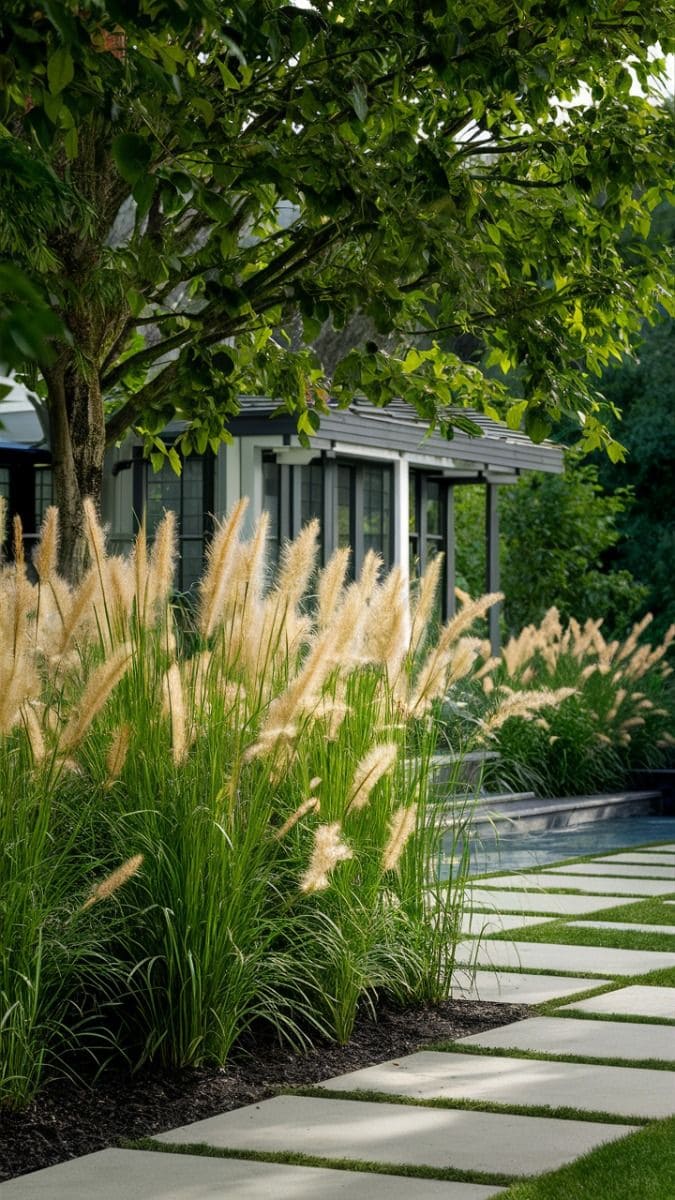 Serene Garden Pathway Framed by Ornamental Grasses