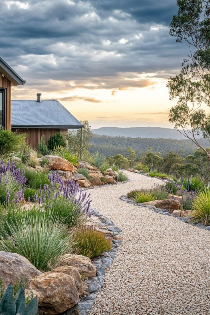 Serene Gravel Pathway with Ornamental Grasses