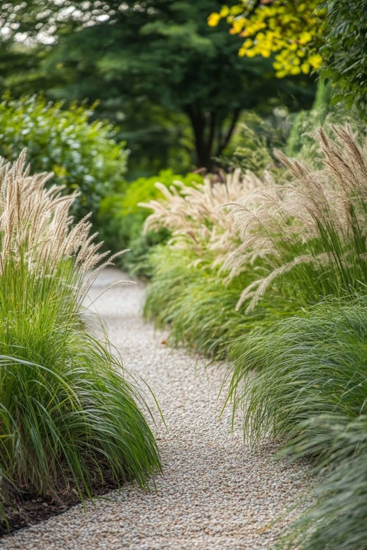 Tranquil Garden Pathway with Flowing Grasses