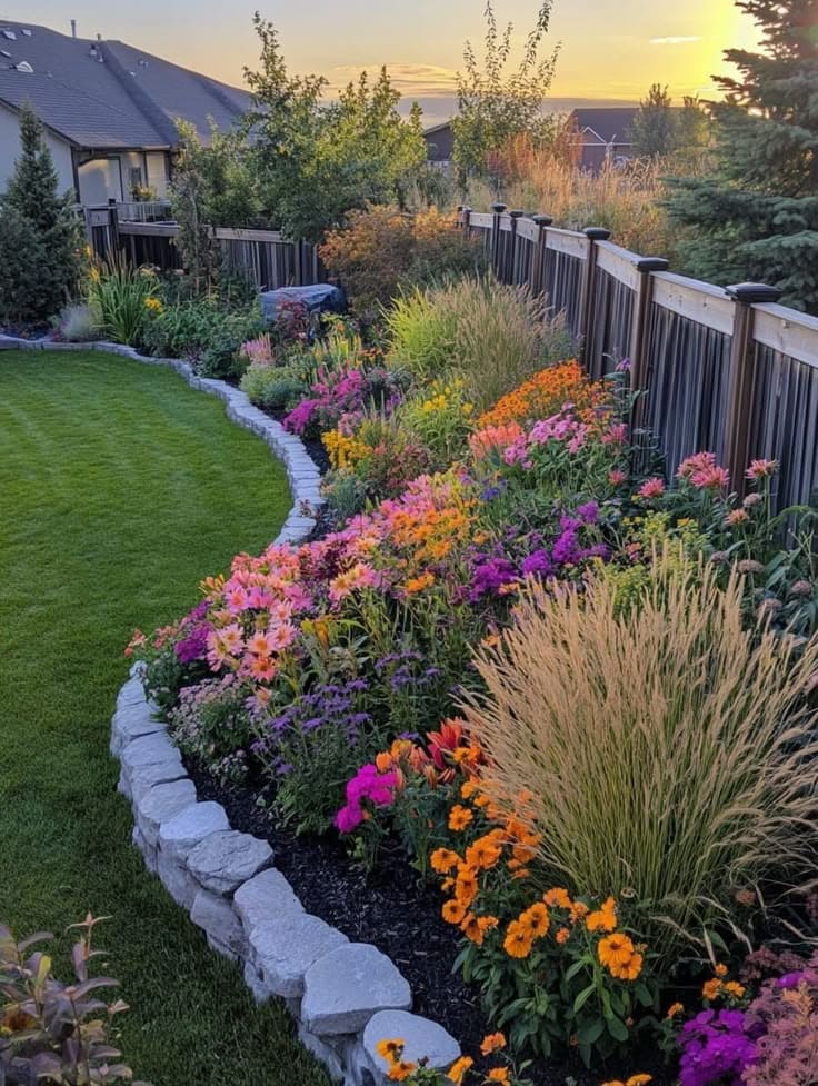 Vibrant Flower Beds with Ornamental Grass Accents